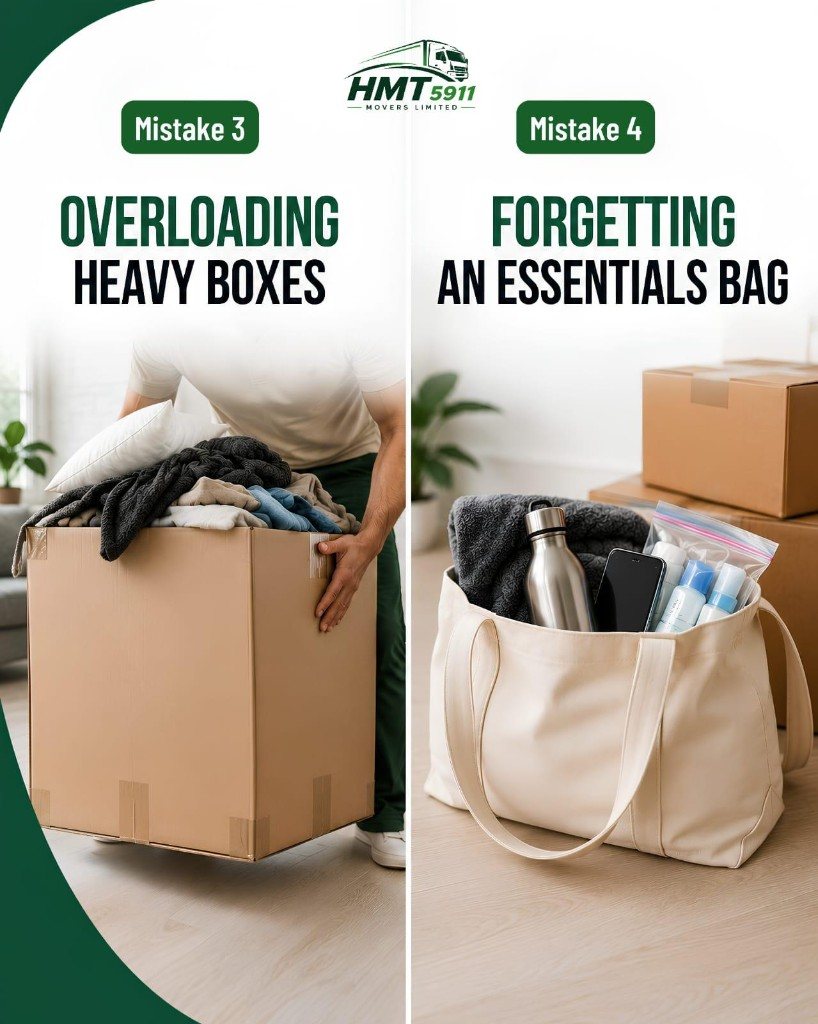 Mistake 3 overloading heavy boxes and mistake 4 forgetting an essentials bag